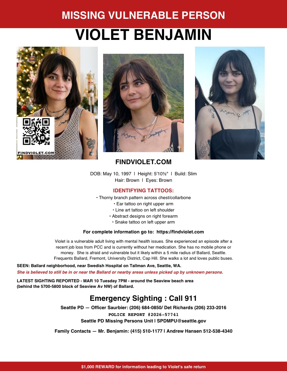 Missing Person Flyer — Violet Benjamin — Download and Print