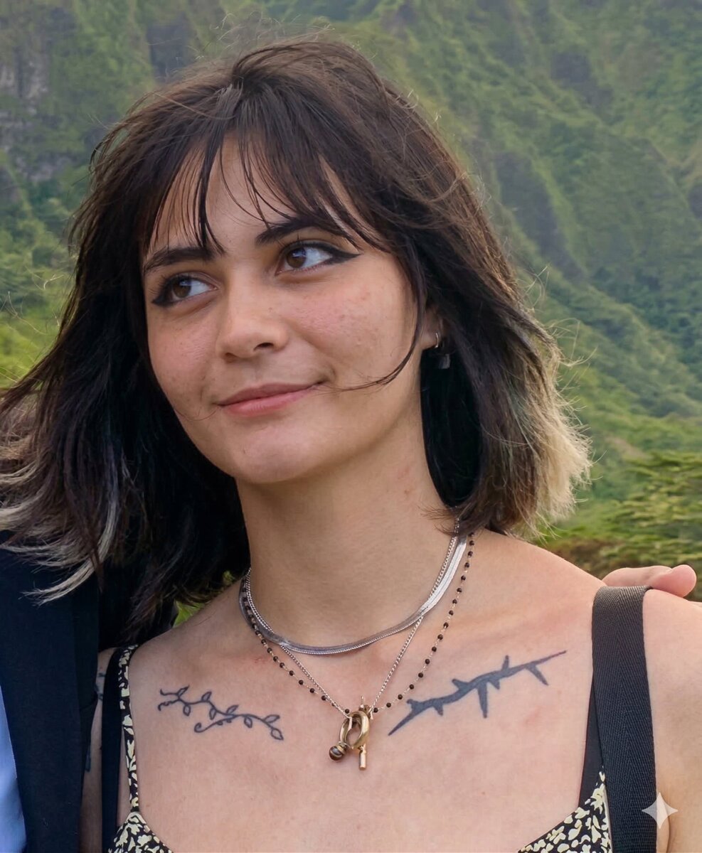 Violet Benjamin — showing chest tattoos and necklaces