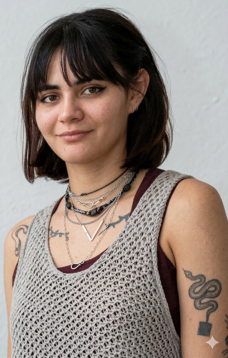 Violet Benjamin — showing arm snake tattoo and layered necklaces